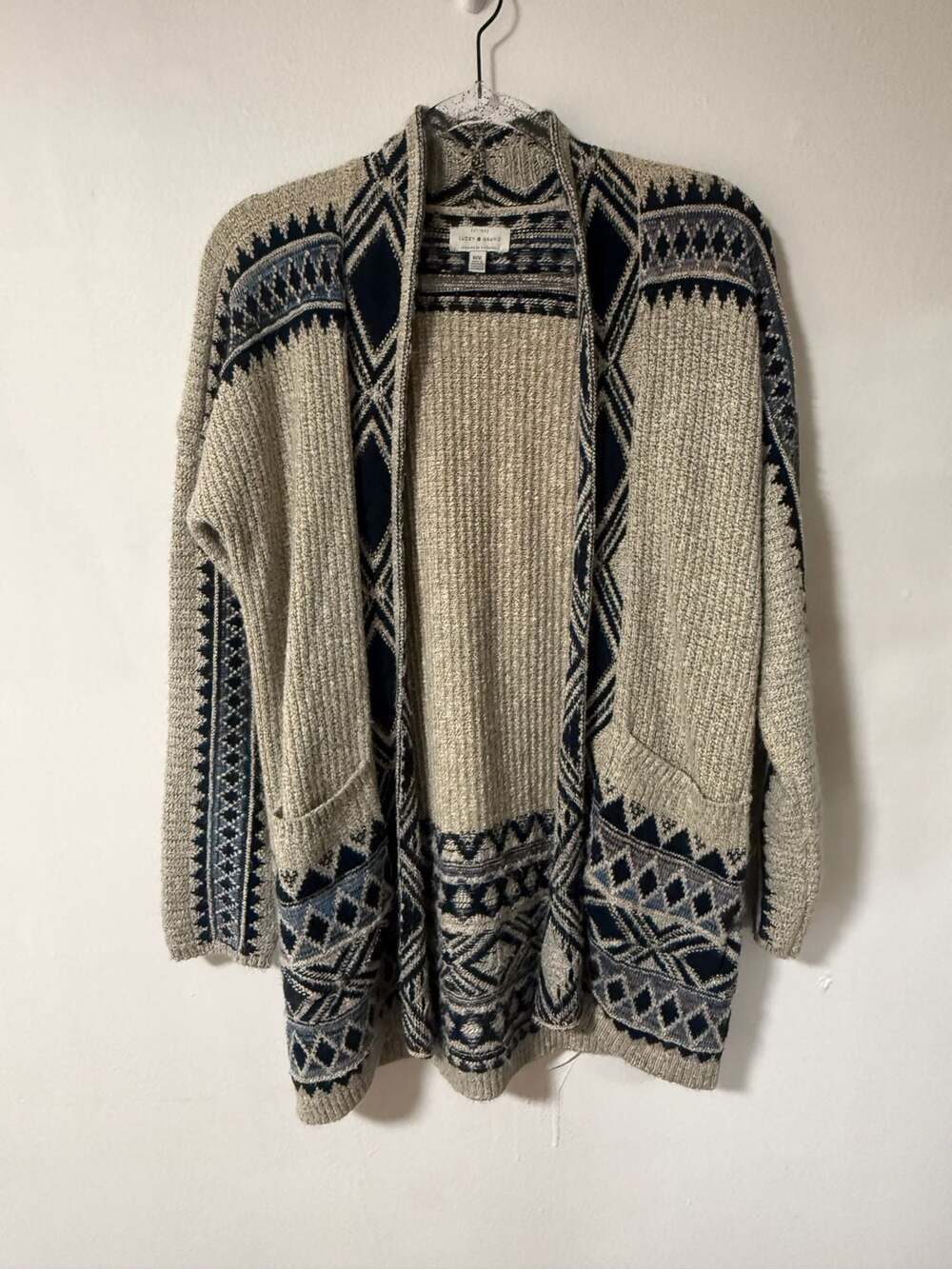 Lucky Brand Women's Open Front Cardigan Sweater Boho Tribal Aztec Print M